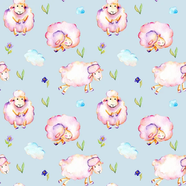 Seamless pattern with watercolor cute pink sheeps, simple flowers and clouds illustrations
