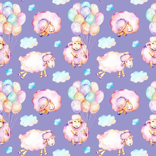 无缝模式与水彩可爱的粉红色羊，空气气球和云的插图 — 图库照片
