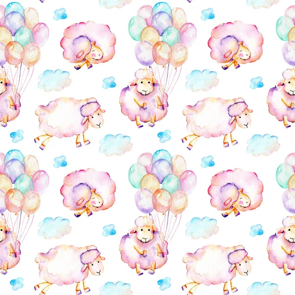 Seamless pattern with watercolor cute pink sheeps, air balloons and clouds illustrations