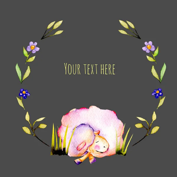 Circle frame, wreath with watercolor cute sleeping sheep and simple plants illustrations — Stock Photo, Image