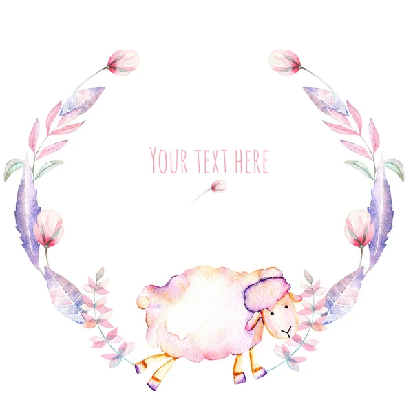 Circle frame, wreath with watercolor cute sheep and pink flowers — Stock Photo, Image