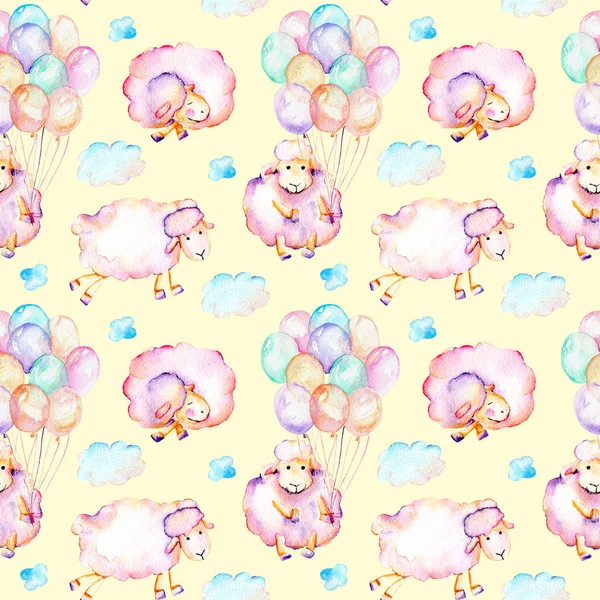 Seamless pattern with watercolor cute pink sheeps, air balloons and clouds illustrations — Stock Photo, Image