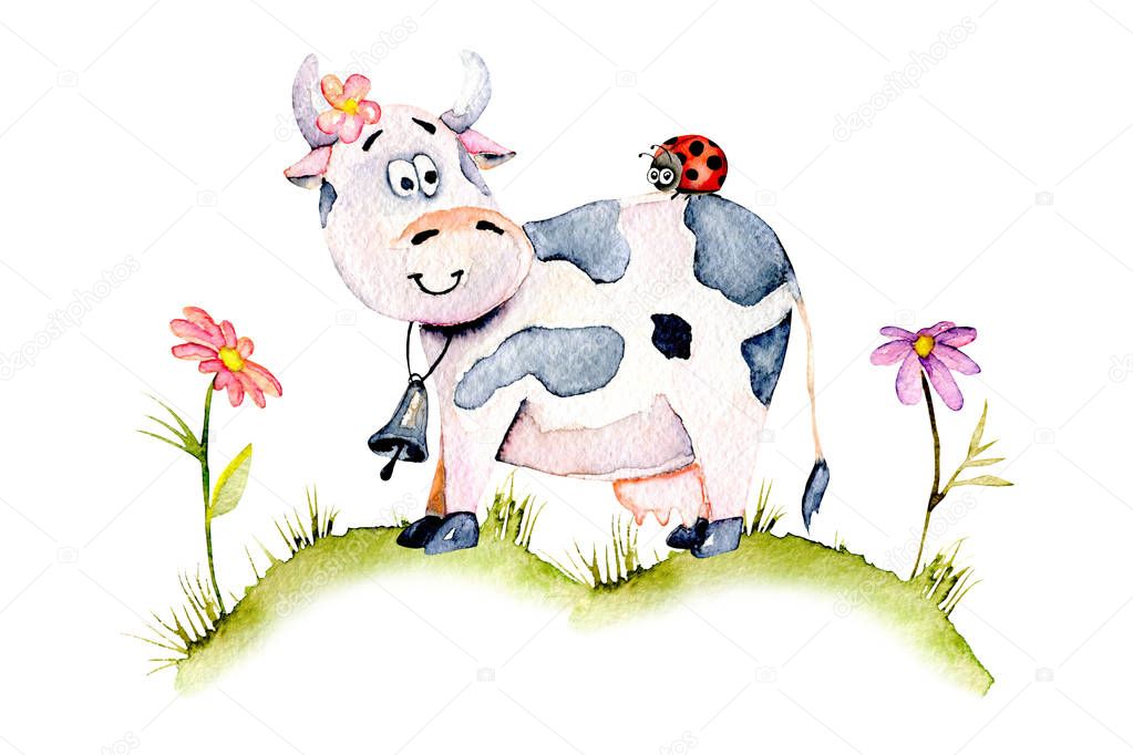 Watercolor cute cartoon cow on a meadow, ladybug and simple flowers
