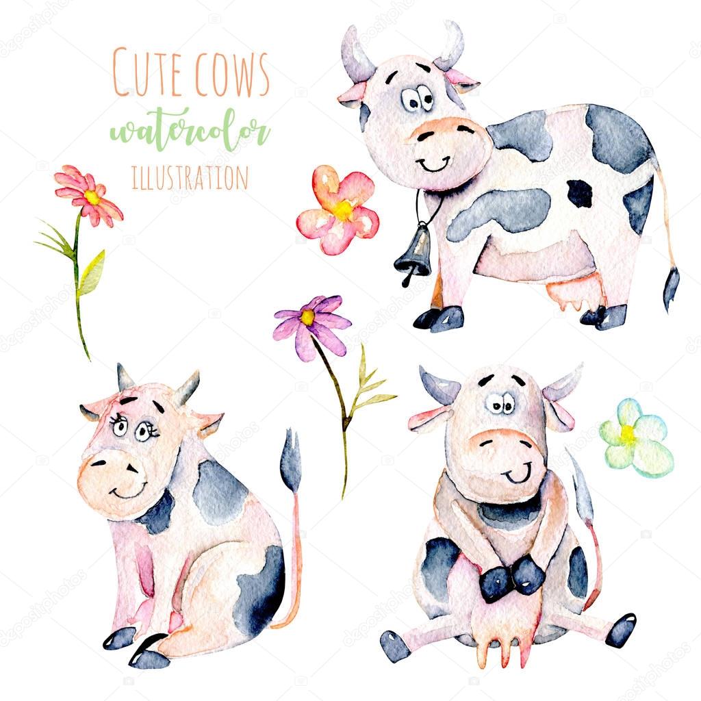 Set of watercolor cute cartoon cows and simple flowers