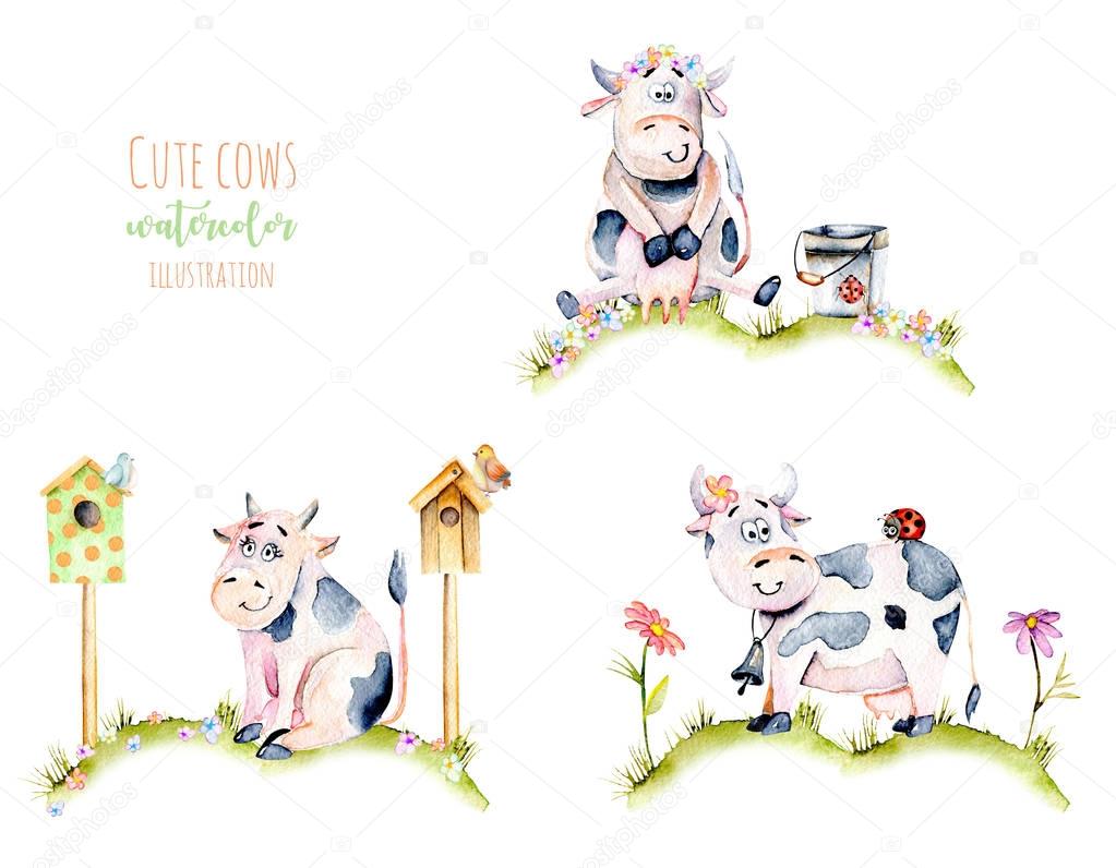 Set of watercolor cute cartoon cows on a meadow, ladybugs and simple flowers illustrations