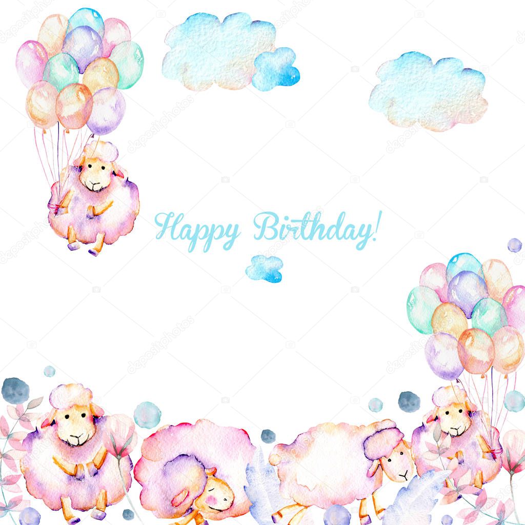 Card template with watercolor cute pink sheeps, air balloons, plants and clouds illustrations
