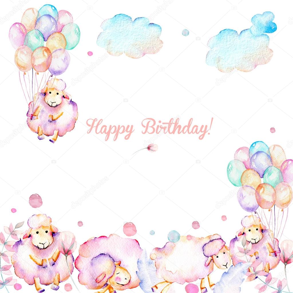 Card template with watercolor cute pink sheeps, air balloons, plants and clouds illustrations
