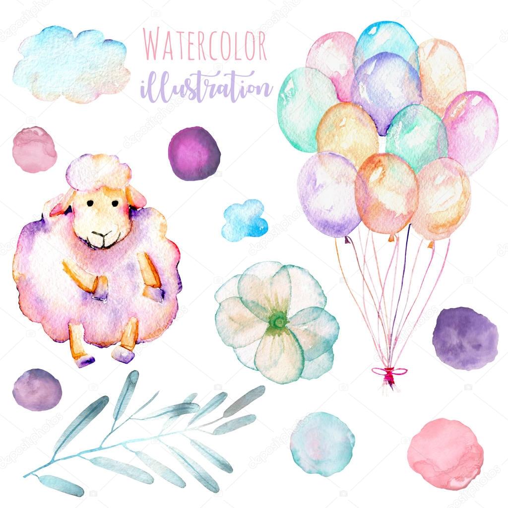 Set of watercolor cute pink sheep, air balloons, simple flowers and blots illustrations