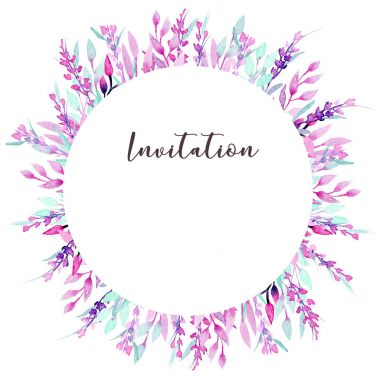 Daire basit suluboya pembe ve nane şube ve lavanta ile çerçeve kenarlığı