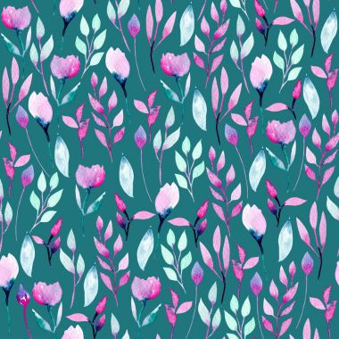 Suluboya soyut pembe ve mor çiçekler ve bitkiler ile Seamless Modeli