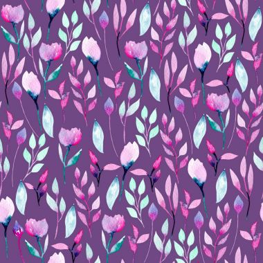 Suluboya soyut pembe ve mor çiçekler ve bitkiler ile Seamless Modeli