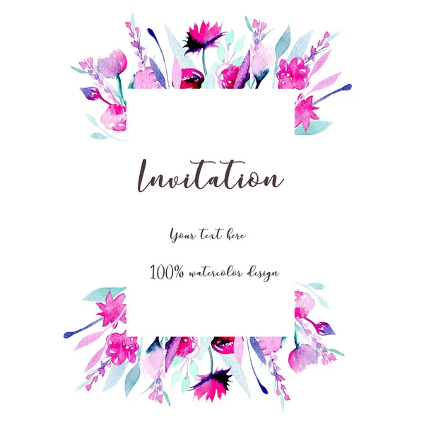 Rahmenrand mit einfachem Aquarell rosa Wildblumen und Lavendel — Stockfoto