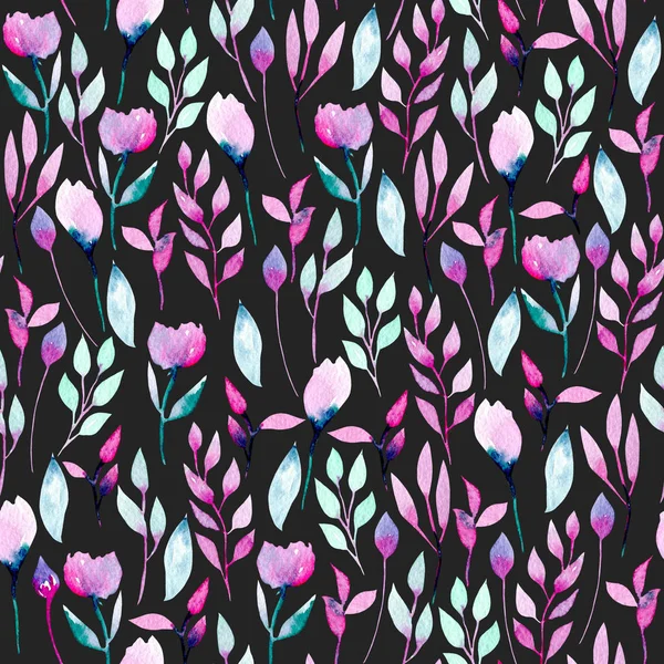无缝模式与水彩抽象的粉色和紫色的野花和植物 — 图库照片