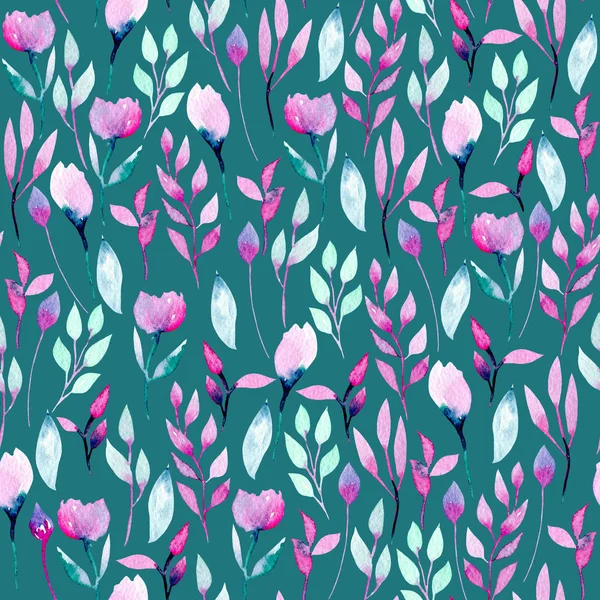 Suluboya soyut pembe ve mor çiçekler ve bitkiler ile Seamless Modeli