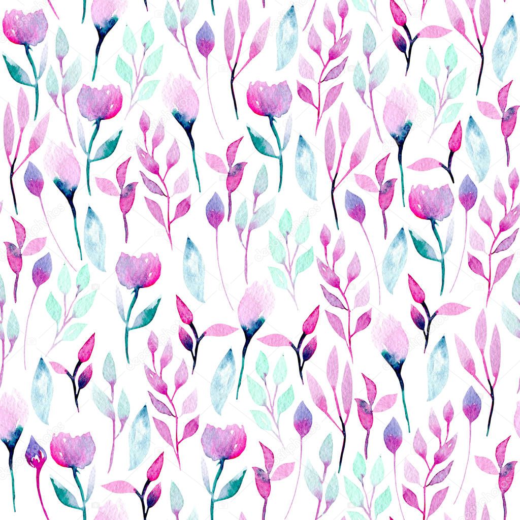 Seamless pattern with watercolor abstract pink and purple wildflowers and plants
