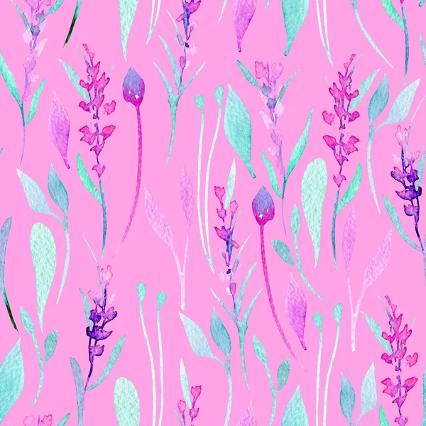Безшовний візерунок з акварельними простими лавандовими, фіолетовими і м'ятними рослинами — стокове фото