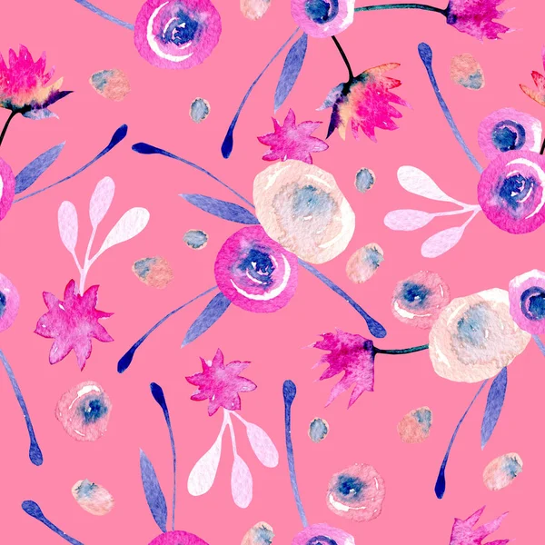 Suluboya soyut pembe ve mavi çiçekler ve bitkiler ile Seamless Modeli