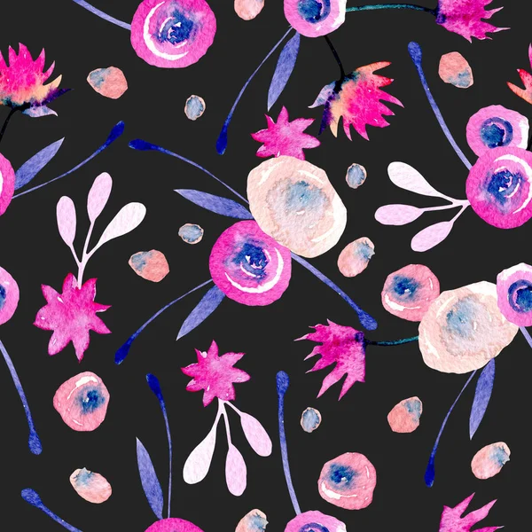 Seamless pattern with watercolor abstract pink and blue flowers and plants — Stock Photo, Image