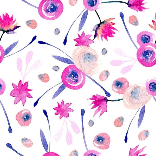 Suluboya soyut pembe ve mavi çiçekler ve bitkiler ile Seamless Modeli — Stok fotoğraf