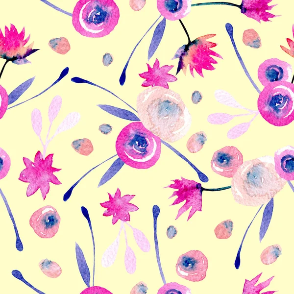 Nahtloses Muster mit abstrakten rosa und blauen Blumen und Pflanzen — Stockfoto