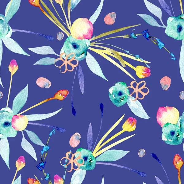 Безшовний візерунок з акварельними абстрактними жовтими і синіми квітами і рослинами — стокове фото