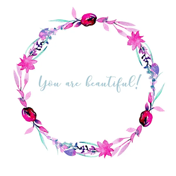 Wreath, circle frame with simple watercolor pink abstract flowers and branches