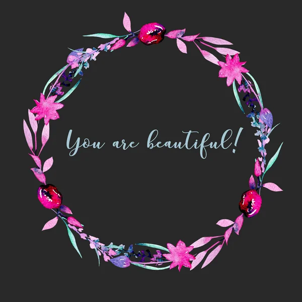 Kranz, Kreisrahmen mit einfachen Aquarell-rosa abstrakten Blumen und Zweigen — Stockfoto