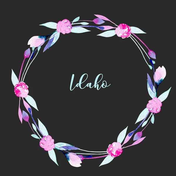 Corona, marco circular con acuarela simple flores silvestres de color rosa y hojas de menta — Foto de Stock