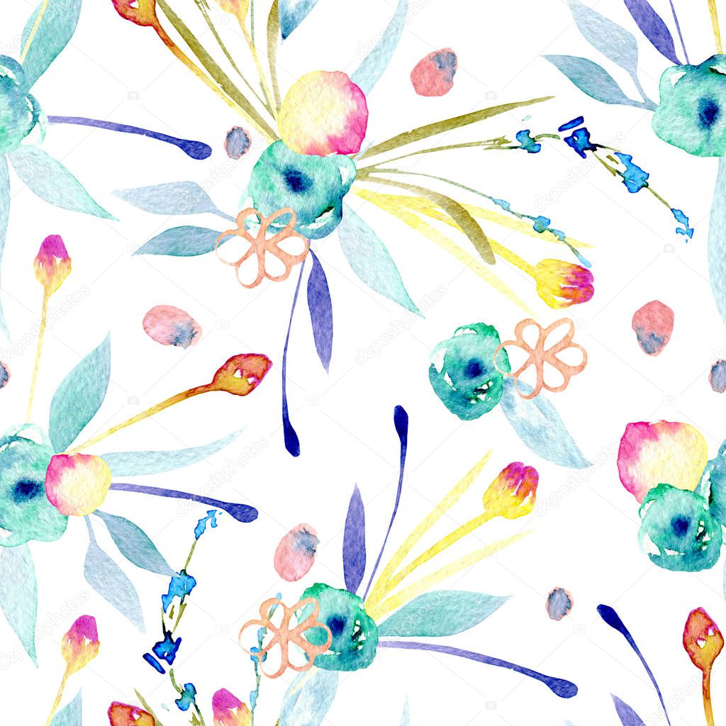 Seamless pattern with watercolor abstract yellow and blue flowers and plants