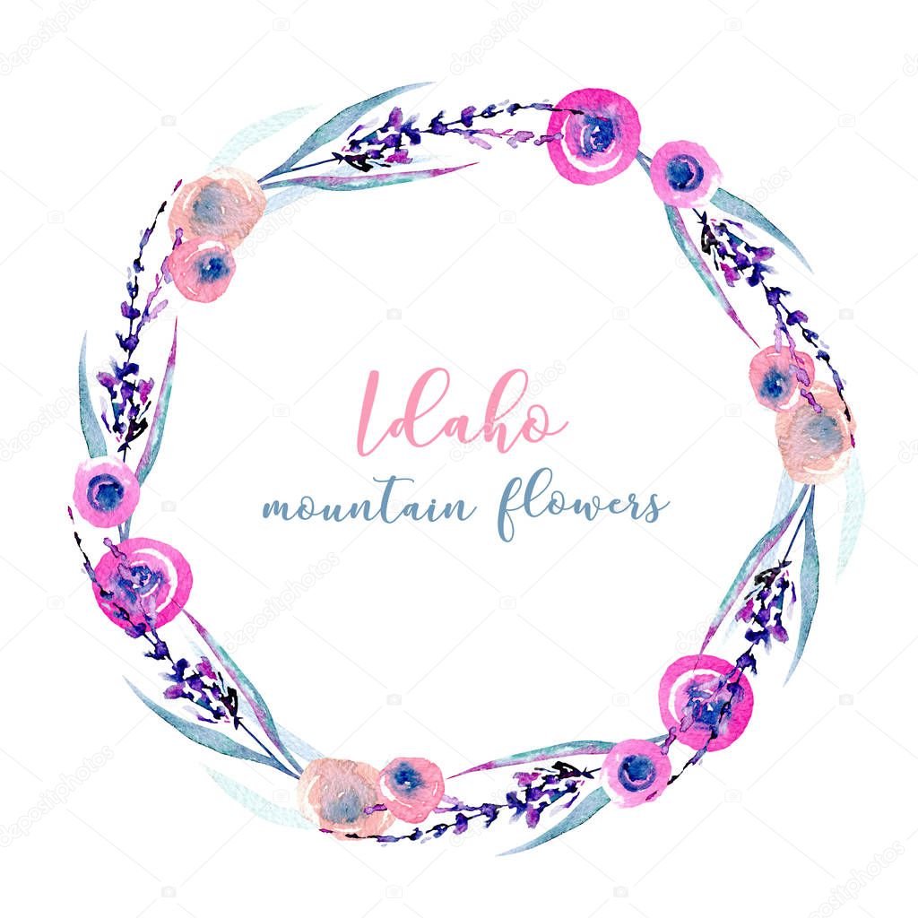 Wreath, circle frame with simple watercolor pink roses and lavender,