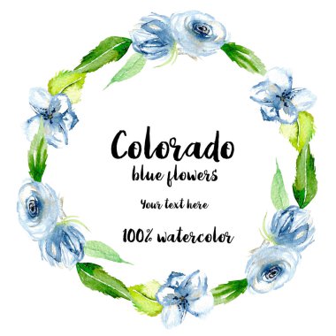 Çelenk, daire basit suluboya Mavi gül ve yeşil yaprakları ile çerçeve