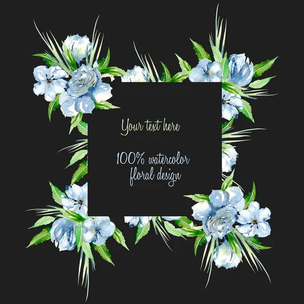 Frontera del marco con simples rosas azules acuarela y flores silvestres, hojas verdes frescas y hierba — Foto de Stock