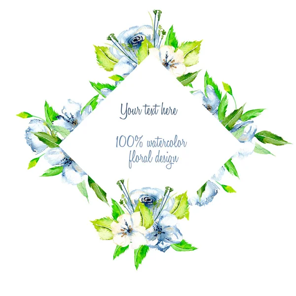 Rhombus frame border with simple watercolor blue and white wildflowers and green fresh leaves — Stock Photo, Image