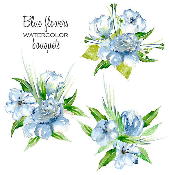 Set of watercolor blue flowers and green leaves bouquets illustration
