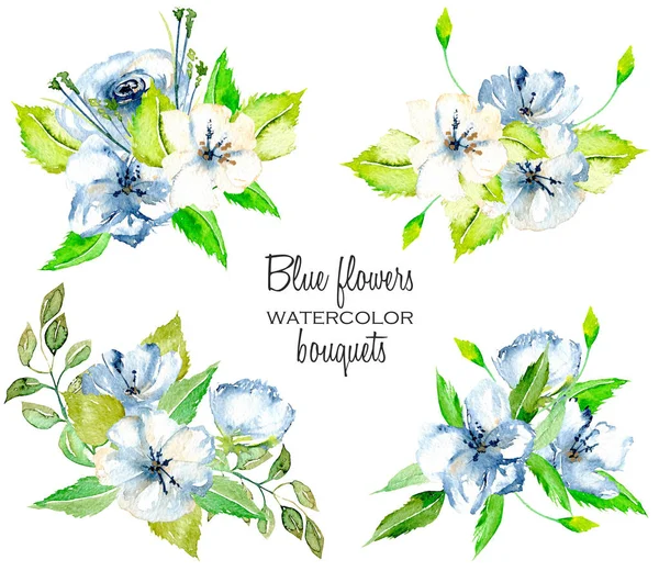 Set van aquarel blauw en witte bloemen, groene bladeren boeketten illustratie — Stockfoto