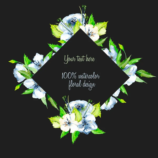 Каркасна рамка ромба з простими акварельними синьо-білими дикими квітами та зеленим свіжим листям — стокове фото