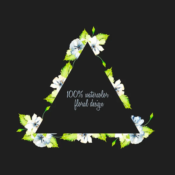Triangular frame border with simple watercolor blue and white wildflowers and green fresh leaves