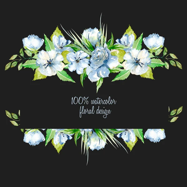 Ram med enkel akvarell blå blommor och gröna färska blad — Stockfoto