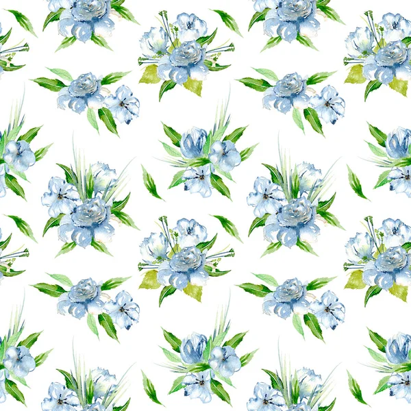 Nahtlose Blumenmuster mit blauen Aquarellblumensträußen — Stockfoto