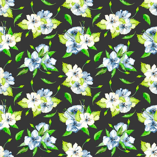 Nahtlose Blumenmuster mit blauen und weißen Aquarellblumensträußen — Stockfoto