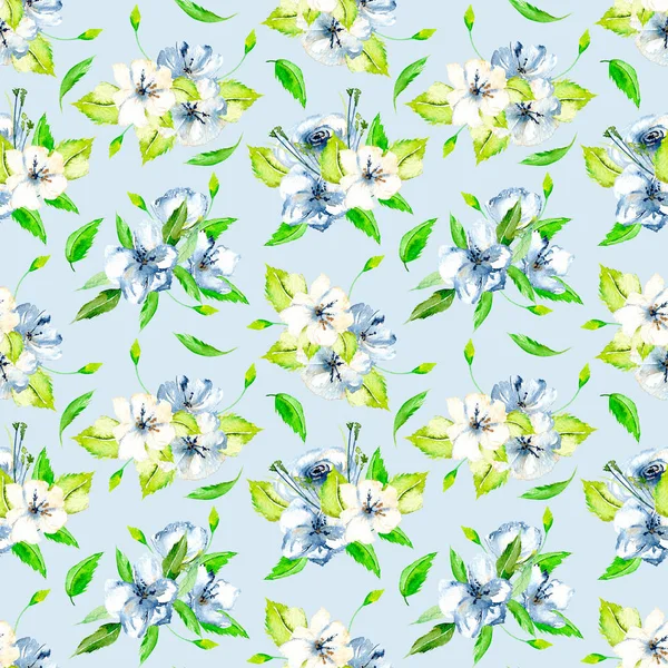 Model floral fără sudură cu buchete de flori de acuarelă albastră și albă — Fotografie, imagine de stoc
