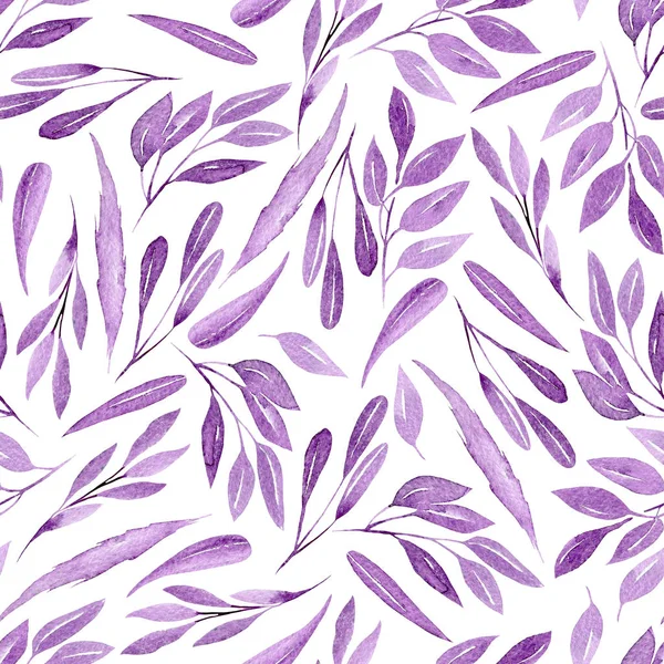 Nahtloses Blumenmuster mit Aquarell lila Zweigen mit Blättern — Stockfoto
