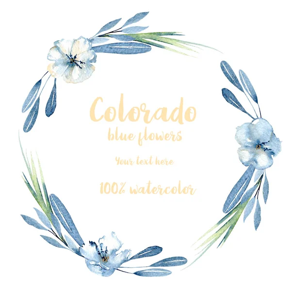Grinalda, quadro círculo com simples aquarela flores azuis, folhas e ramos — Fotografia de Stock