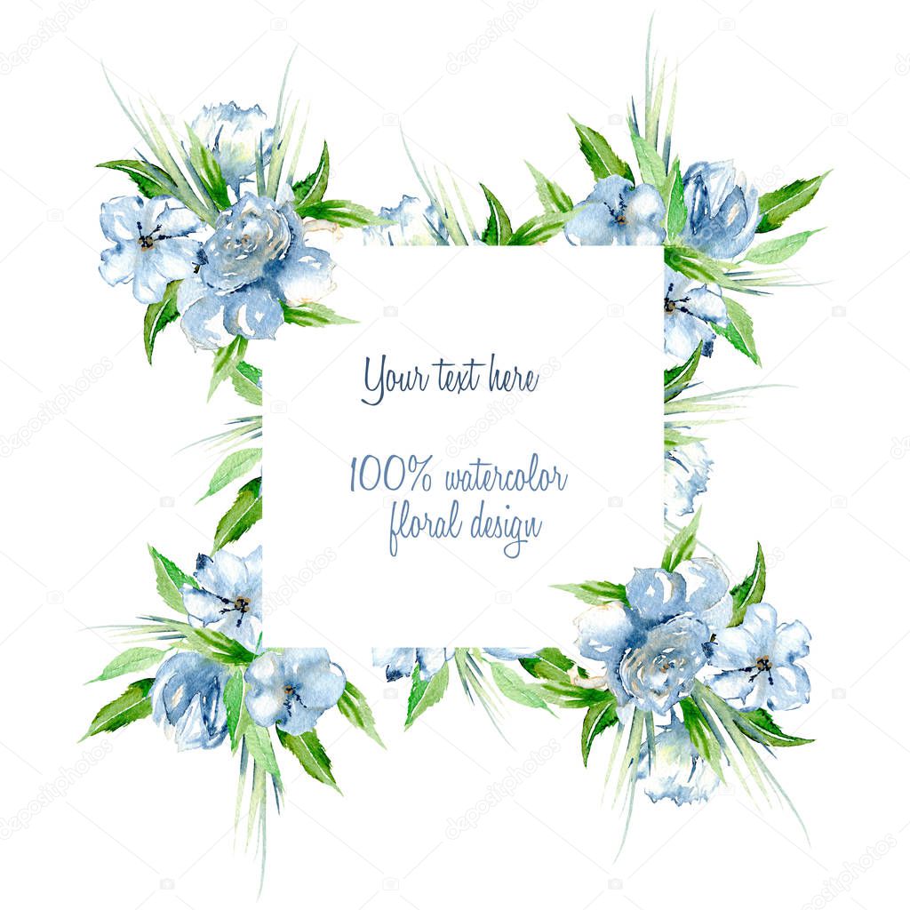 Frame border with simple watercolor blue roses and wildflowers, green fresh leaves and grass