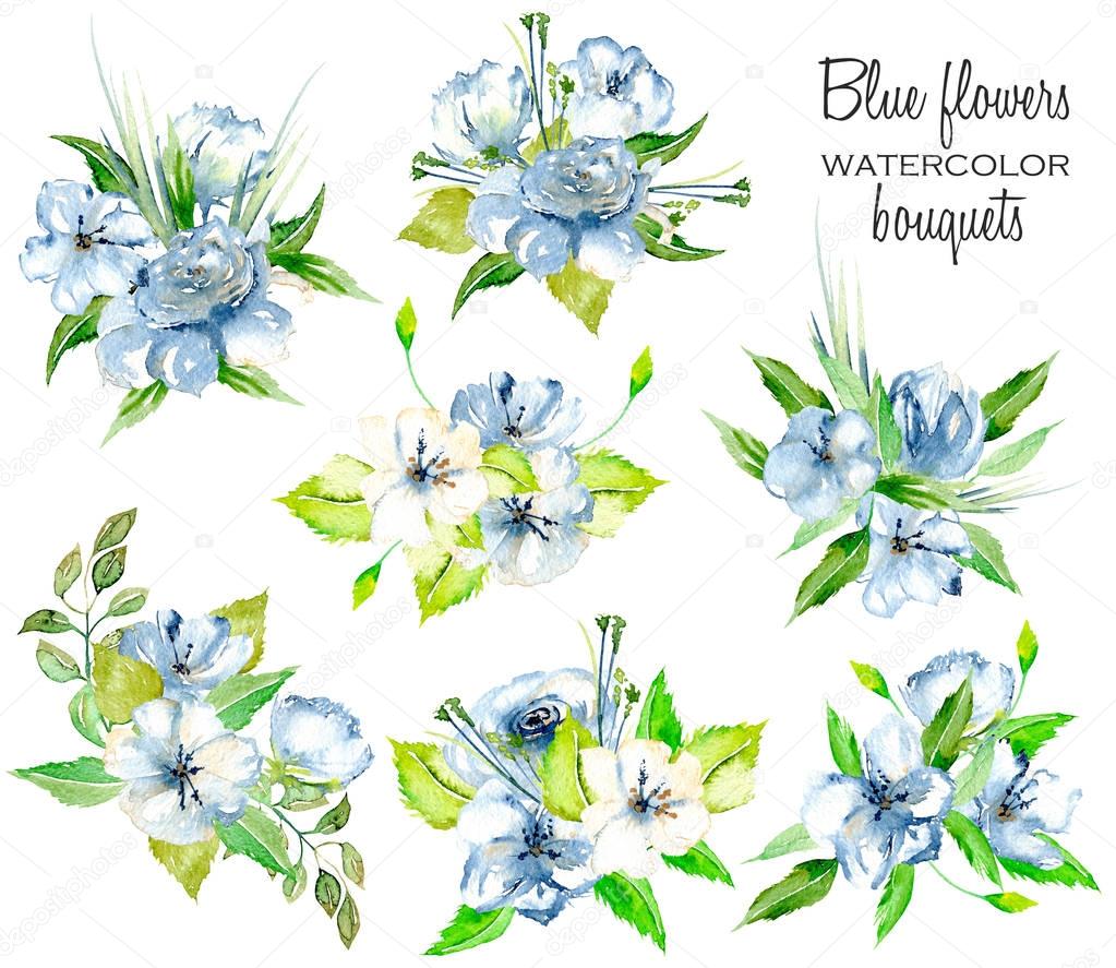 Set of watercolor blue flowers and leaves bouquets illustration