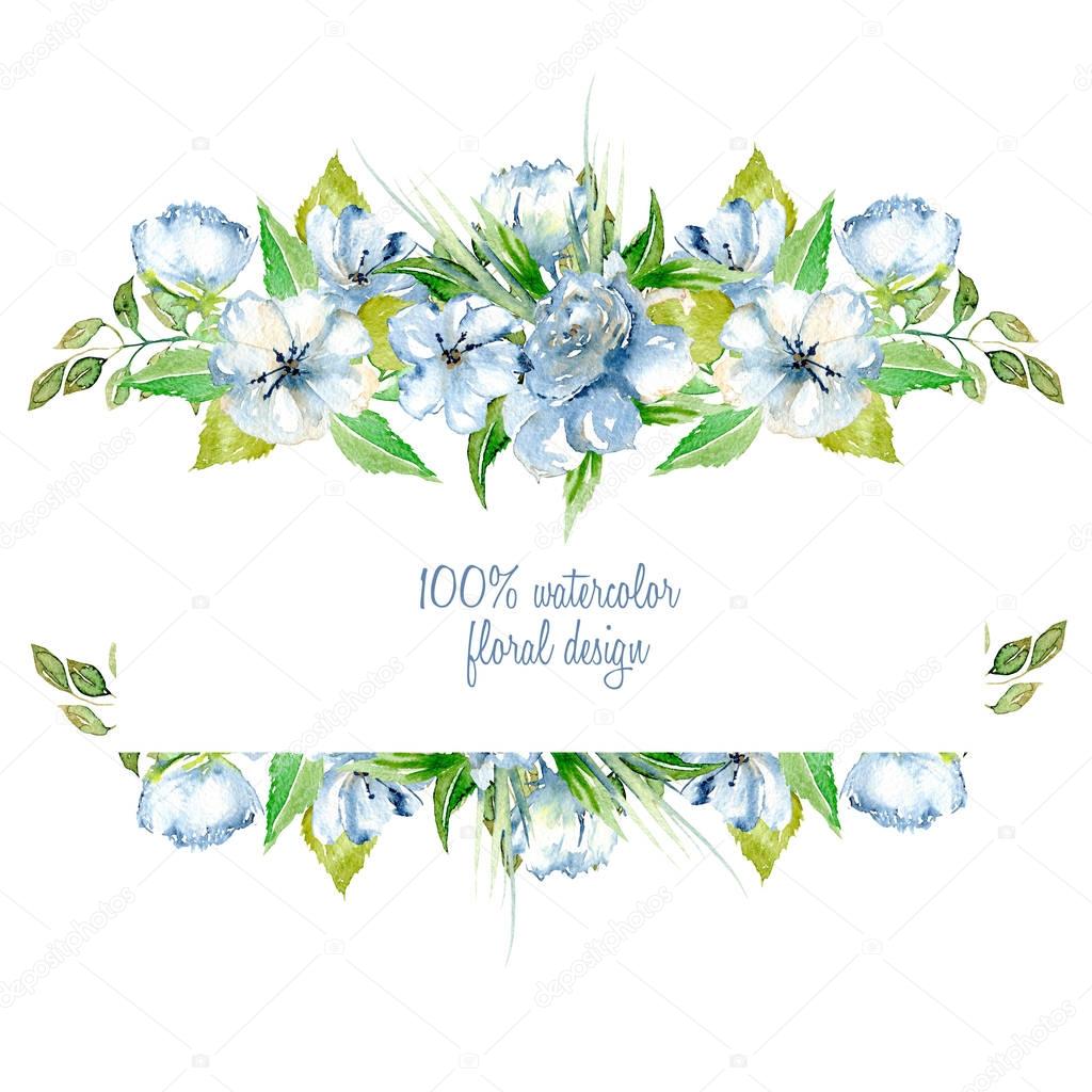 Frame border with simple watercolor blue wildflowers and green fresh leaves