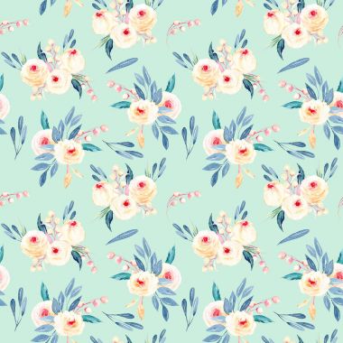 Pembe ve mavi tonları suluboya çiçek buketleri ile sorunsuz çiçek desenli