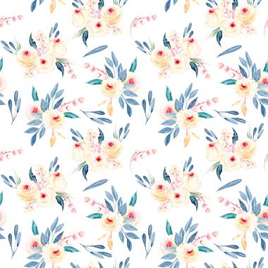 Pembe ve mavi tonları suluboya çiçek buketleri ile sorunsuz çiçek desenli