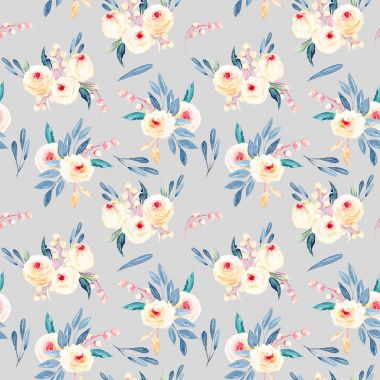 Pembe ve mavi tonları suluboya çiçek buketleri ile sorunsuz çiçek desenli