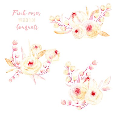 Sulu boya pembe Gül ve yaprakları buketleri resimde kümesi